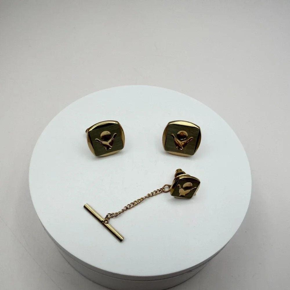 VTG Y2K Gold Tone Bowling Tie Tac Cufflinks Set Men's Classic Fashion Jewelry